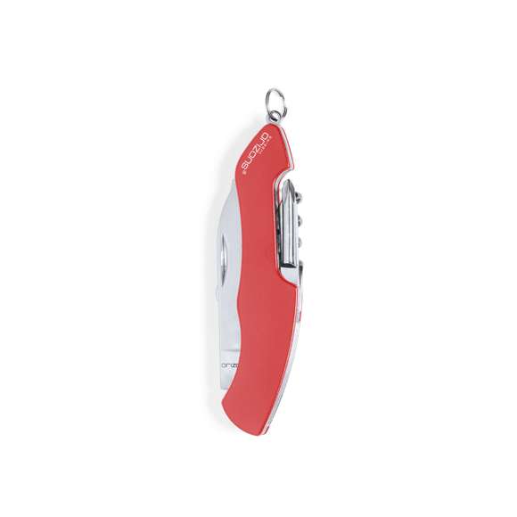 Navaja multiusos de orizons con accesorios de acero inox de 10 funciones y mango de aluminio en vivos colores. Con navaja, tijeras, abrelatas, abrebotellas con destornillador plano, destornillador de punta de estrella, punzón con lima y sacacorchos. Con anilla para llavero y presentada en atractiva caja de diseño con logotipo de la marca.