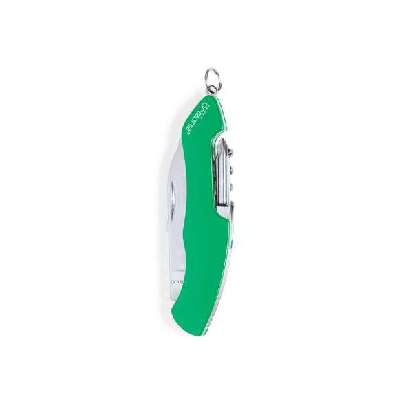 Navaja multiusos de orizons con accesorios de acero inox de 10 funciones y mango de aluminio en vivos colores. Con navaja, tijeras, abrelatas, abrebotellas con destornillador plano, destornillador de punta de estrella, punzón con lima y sacacorchos. Con anilla para llavero y presentada en atractiva caja de diseño con logotipo de la marca.