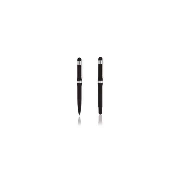 Elegante set de Antonio Miró con bolígrafo de mecanismo giratorio y roller de capucha y original anilla en sobrio diseño. De cuerpo metálico en acabado negro brillante con clip plateado. Presentado en elegante estuche individual en color negro con logotipo de la marca y funda. En tinta azul.