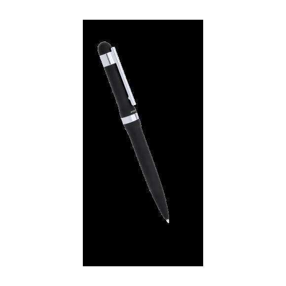Elegante set de Antonio Miró con bolígrafo de mecanismo giratorio y roller de capucha y original anilla en sobrio diseño. De cuerpo metálico en acabado negro brillante con clip plateado. Presentado en elegante estuche individual en color negro con logotipo de la marca y funda. En tinta azul.