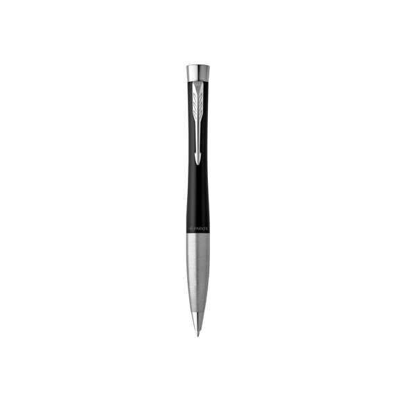 Bolígrafo Parker Urban Twist, fabricado en metal, con adornos cromados, y el inconfundible clip con la forma icónica en punta de flecha de la marca. De mecanismo giratorio y en tinta azul, con elegantes curvas en forma de reloj de arena que le dan un aspecto llamativo y moderno. Presentación en estuche individual negro con logotipo Parker.  Con tinta Parker QuinkFlow, que ofrece una escritura fluida y fiable sobre el papel.