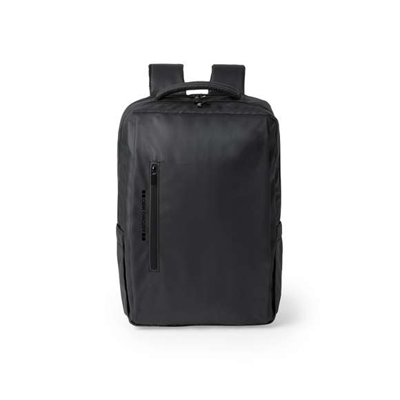 Mochila de Antonio Miró de calidad premium en resistente polipiel de sobrio diseño en color negro. Con cierre de cremallera doble, bolsillo frontal y asa reforzada acolchada. Con acolchado ergonómico en espalda y cintas de hombros, incluye compartimento interior acolchado para portátil de hasta 15 pulgadas y para tablets de hasta 10 pulgadas. Además, con bolsillo antirrobo con cierre de cremallera en la parte trasera. Fundas interiores para bolígrafos y smartphone. Con logotipo de la marca en frontal.