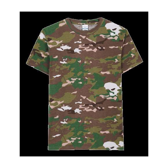 Camiseta unisex con estampado camuflaje. Confeccionada en 100% algodón peinado Ring Spun de 150g/m2. Tacto suave y corte moderno. Cuello redondo estrecho en canalé 2x2. Dobles costura en dobladillo y mangas para una mayor durabilidad y resistencia al uso intensivo. Etiqueta fácilmente removible. Disponible en tallas XS, S, M, L, XL y XXL.