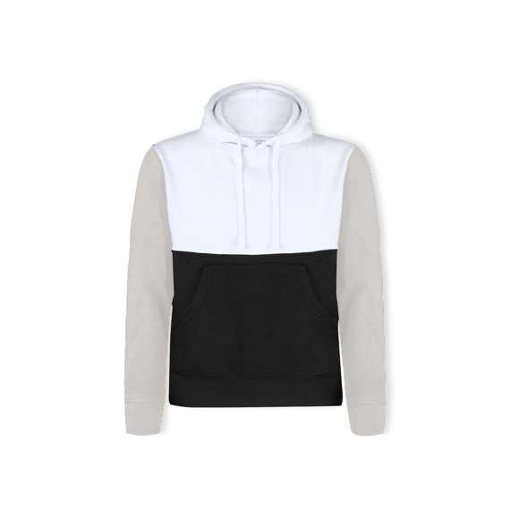 Sudadera unisex tricolor con capucha. Bolsillo canguro y elásticos de ancho extra para un ajuste perfecto. Confeccionado en mezcla de algodón y poliéster con un gramaje de 280g/m2. Interior de felpa cepillada para una mayor sensación de calidad. Tacto suave y corte moderno. Cordones ajustables planos y ojetes de confección, evitando así el uso de metal. Dobles costuras para una mayor durabilidad y resistencia al uso intensivo. Etiqueta fácilmente removible. Disponible en tallas XS, S, M, L, XL y XXL.