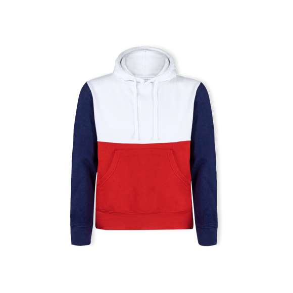 Sudadera unisex tricolor con capucha. Bolsillo canguro y elásticos de ancho extra para un ajuste perfecto. Confeccionado en mezcla de algodón y poliéster con un gramaje de 280g/m2. Interior de felpa cepillada para una mayor sensación de calidad. Tacto suave y corte moderno. Cordones ajustables planos y ojetes de confección, evitando así el uso de metal. Dobles costuras para una mayor durabilidad y resistencia al uso intensivo. Etiqueta fácilmente removible. Disponible en tallas XS, S, M, L, XL y XXL.