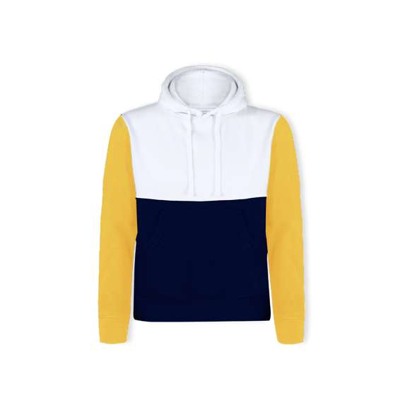 Sudadera unisex tricolor con capucha. Bolsillo canguro y elásticos de ancho extra para un ajuste perfecto. Confeccionado en mezcla de algodón y poliéster con un gramaje de 280g/m2. Interior de felpa cepillada para una mayor sensación de calidad. Tacto suave y corte moderno. Cordones ajustables planos y ojetes de confección, evitando así el uso de metal. Dobles costuras para una mayor durabilidad y resistencia al uso intensivo. Etiqueta fácilmente removible. Disponible en tallas XS, S, M, L, XL y XXL.