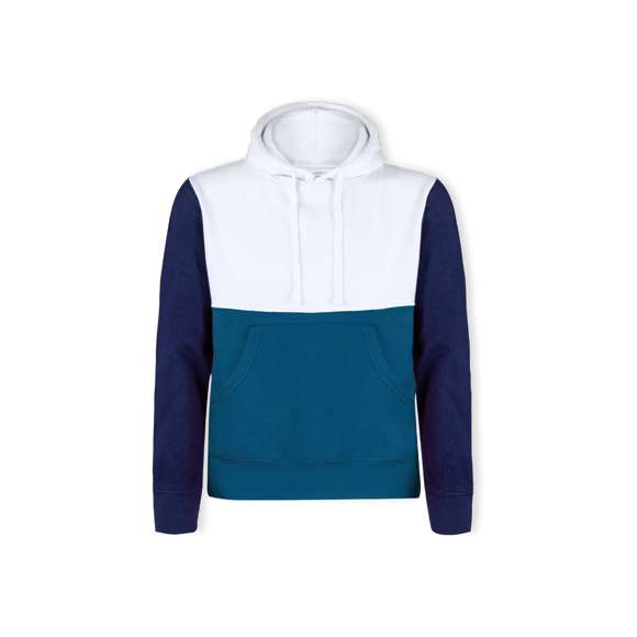 Sudadera unisex tricolor con capucha. Bolsillo canguro y elásticos de ancho extra para un ajuste perfecto. Confeccionado en mezcla de algodón y poliéster con un gramaje de 280g/m2. Interior de felpa cepillada para una mayor sensación de calidad. Tacto suave y corte moderno. Cordones ajustables planos y ojetes de confección, evitando así el uso de metal. Dobles costuras para una mayor durabilidad y resistencia al uso intensivo. Etiqueta fácilmente removible. Disponible en tallas XS, S, M, L, XL y XXL.