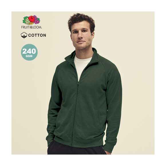 Sudadera para adulto Lightweight Sweat Jacket de Fruit Of The Loom. Fabricada en felpa ligera sin cepillar, en combinación de materiales 80% algodón + 20% poliéster de 240g/m2. Con cierre de cremallera a juego, mangas de ranglán y 2 bolsillos delanteros. Cintura y puños en algodón/ LYCRA®. Disponible en variada gama de colores y en tallas S, M, L, XL, XXL.