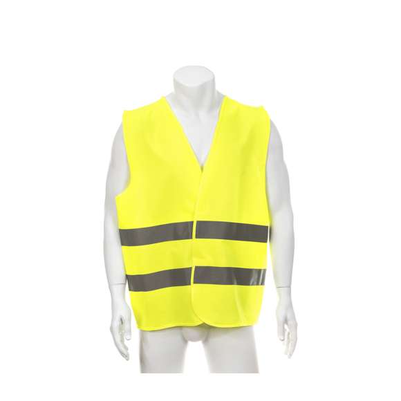 Chaleco reflectante de alta visibilidad, homologado según normativas de seguridad CE. Con doble tira reflectante alrededor del cuerpo y cierres de velcro. Talla única para adulto.
