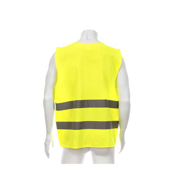 Chaleco reflectante de alta visibilidad, homologado según normativas de seguridad CE. Con doble tira reflectante alrededor del cuerpo y cierres de velcro. Talla única para adulto.