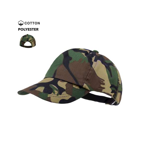 Gorra de 5 paneles en material 100% algodón y diseño de camuflaje. Con orificios de ventilación bordados y cierre ajustable de velcro.