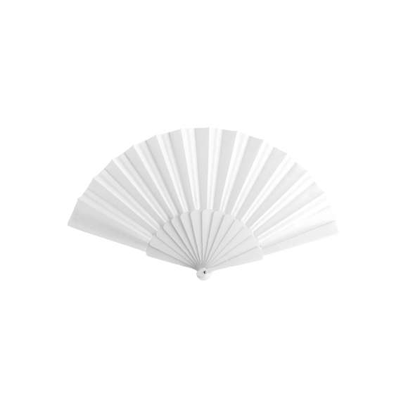 Abanico con varillas fabricadas en resistente plástico y tela en poliéster. Varillas y tela a juego, disponible en variada gama de colores. Presentado en caja individual blanca con ventana.