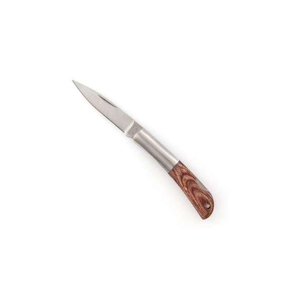 Navaja con hoja en acero inox y empuñadura en combinación de madera natural con acero inox. Con bloqueo de seguridad, troquelado en mango y presentada en caja individual.