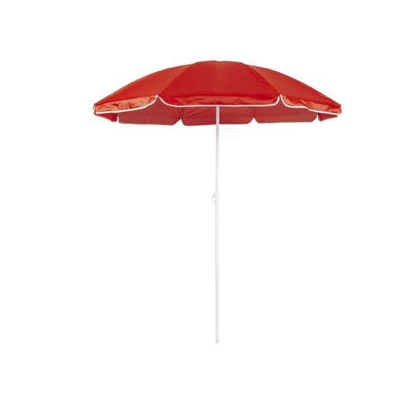 Sombrilla de playa de 8 paneles de resistente nylon en variada gama de vivos colores. De 150cm de diámetro, con faldones laterales ribeteados, tubos metalizados en color blanco y ajustable en altura. Presentada en funda de PVC con cinta de transporte para hombro.