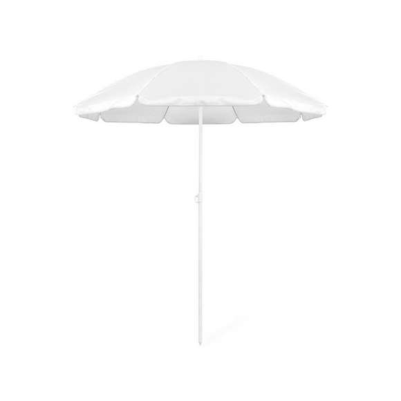 Sombrilla de playa de 8 paneles de resistente nylon en variada gama de vivos colores. De 150cm de diámetro, con faldones laterales ribeteados, tubos metalizados en color blanco y ajustable en altura. Presentada en funda de PVC con cinta de transporte para hombro.
