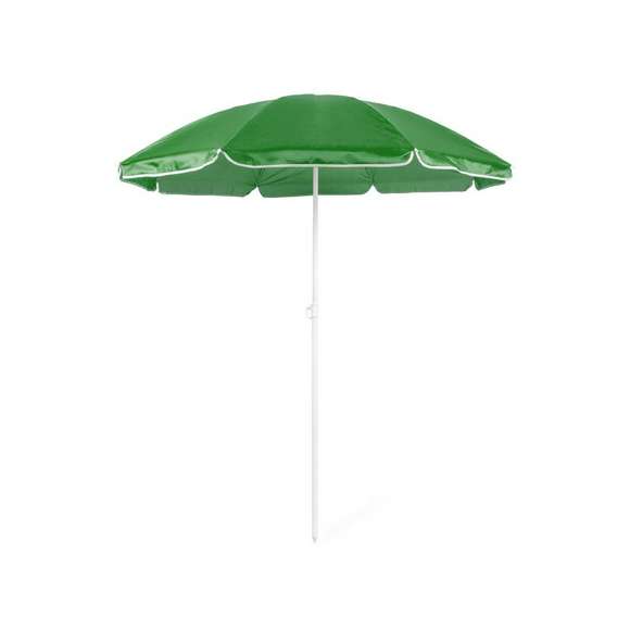 Sombrilla de playa de 8 paneles de resistente nylon en variada gama de vivos colores. De 150cm de diámetro, con faldones laterales ribeteados, tubos metalizados en color blanco y ajustable en altura. Presentada en funda de PVC con cinta de transporte para hombro.