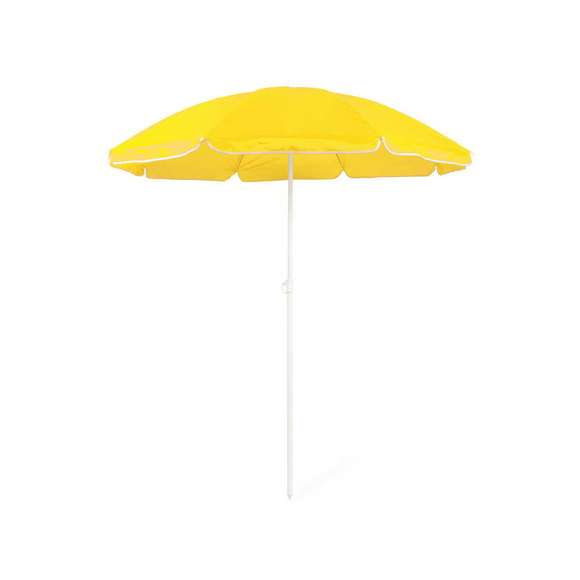 Sombrilla de playa de 8 paneles de resistente nylon en variada gama de vivos colores. De 150cm de diámetro, con faldones laterales ribeteados, tubos metalizados en color blanco y ajustable en altura. Presentada en funda de PVC con cinta de transporte para hombro.
