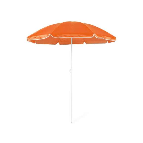 Sombrilla de playa de 8 paneles de resistente nylon en variada gama de vivos colores. De 150cm de diámetro, con faldones laterales ribeteados, tubos metalizados en color blanco y ajustable en altura. Presentada en funda de PVC con cinta de transporte para hombro.