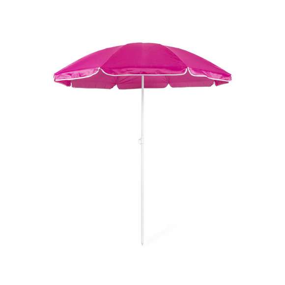 Sombrilla de playa de 8 paneles de resistente nylon en variada gama de vivos colores. De 150cm de diámetro, con faldones laterales ribeteados, tubos metalizados en color blanco y ajustable en altura. Presentada en funda de PVC con cinta de transporte para hombro.