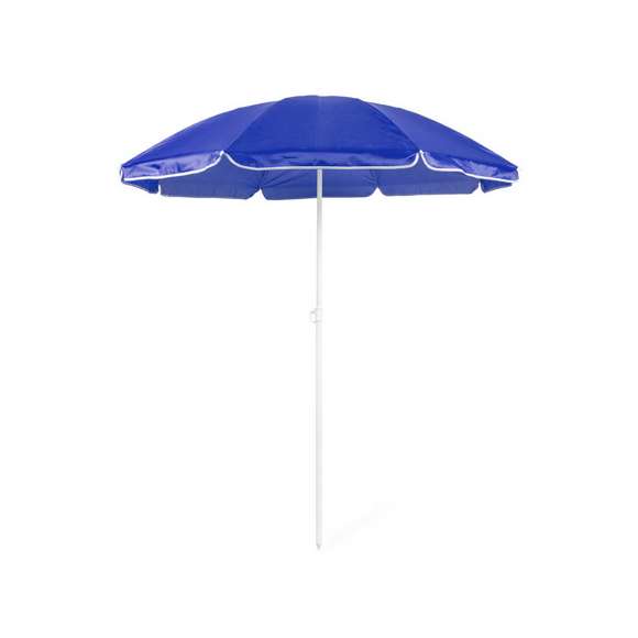 Sombrilla de playa de 8 paneles de resistente nylon en variada gama de vivos colores. De 150cm de diámetro, con faldones laterales ribeteados, tubos metalizados en color blanco y ajustable en altura. Presentada en funda de PVC con cinta de transporte para hombro.