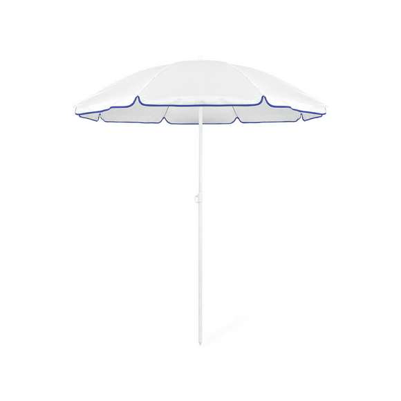 Sombrilla de playa de 8 paneles de resistente nylon en variada gama de vivos colores. De 150cm de diámetro, con faldones laterales ribeteados, tubos metalizados en color blanco y ajustable en altura. Presentada en funda de PVC con cinta de transporte para hombro.