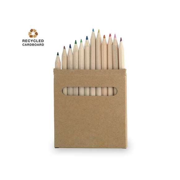  	Set de 12 lápices en caja de cartón natural con ventana. Lápices de madera con cuerpo hexagonal de acabado natural y minas en variada gama de colores.
