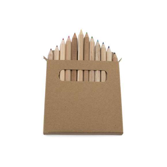  	Set de 12 lápices en caja de cartón natural con ventana. Lápices de madera con cuerpo hexagonal de acabado natural y minas en variada gama de colores.