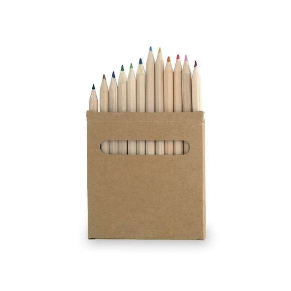  	Set de 12 lápices en caja de cartón natural con ventana. Lápices de madera con cuerpo hexagonal de acabado natural y minas en variada gama de colores.