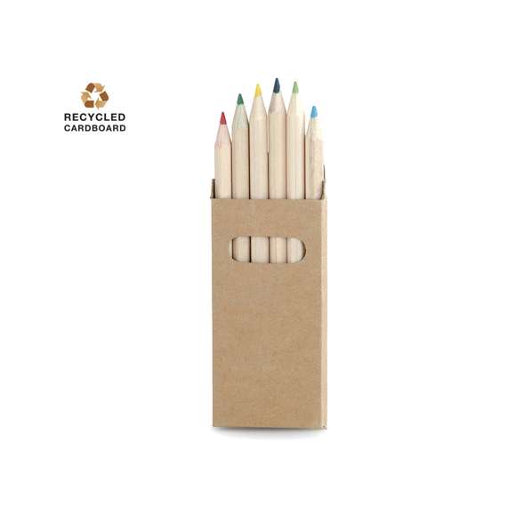  	Set de 6 lápices en caja de cartón natural con ventana. Lápices de madera con cuerpo hexagonal de acabado natural y minas en variada gama de colores.