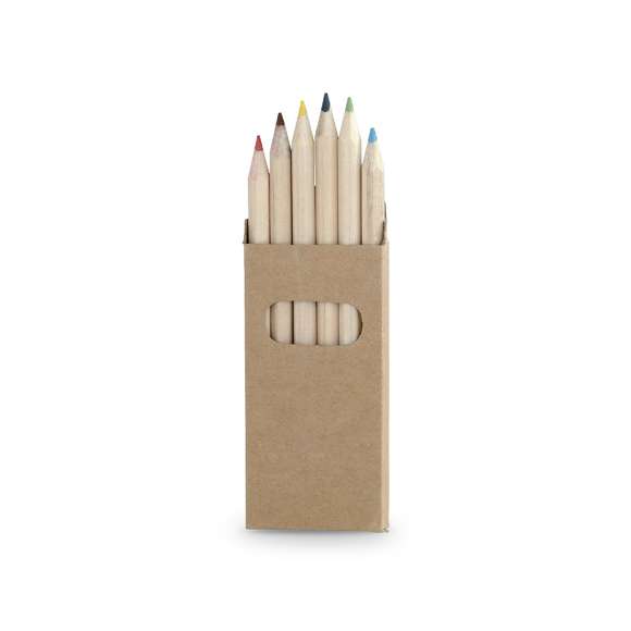  	Set de 6 lápices en caja de cartón natural con ventana. Lápices de madera con cuerpo hexagonal de acabado natural y minas en variada gama de colores.