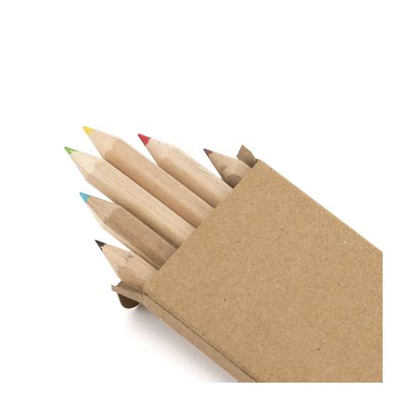  	Set de 6 lápices en caja de cartón natural con ventana. Lápices de madera con cuerpo hexagonal de acabado natural y minas en variada gama de colores.