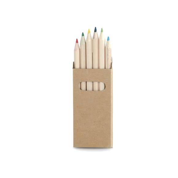  	Set de 6 lápices en caja de cartón natural con ventana. Lápices de madera con cuerpo hexagonal de acabado natural y minas en variada gama de colores.