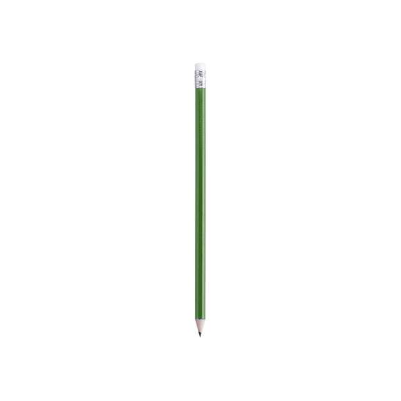 Lápiz de madera de acabado brillo. Con cuerpo redondo y goma de borrar en color blanco. Disponible en variada gama de colores. Mina negra y punta afilada.