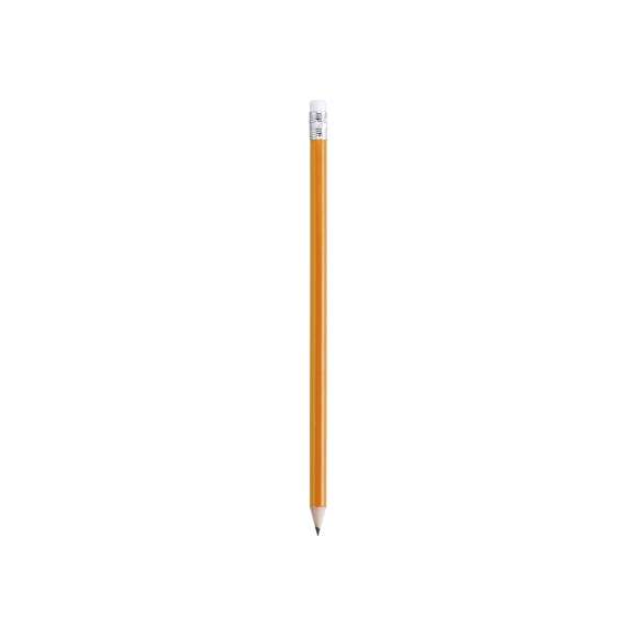 Lápiz de madera de acabado brillo. Con cuerpo redondo y goma de borrar en color blanco. Disponible en variada gama de colores. Mina negra y punta afilada.