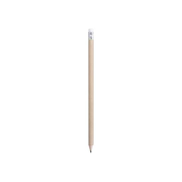 Lápiz de madera de acabado brillo. Con cuerpo redondo y goma de borrar en color blanco. Disponible en variada gama de colores. Mina negra y punta afilada.