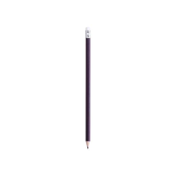 Lápiz de madera de acabado brillo. Con cuerpo redondo y goma de borrar en color blanco. Disponible en variada gama de colores. Mina negra y punta afilada.