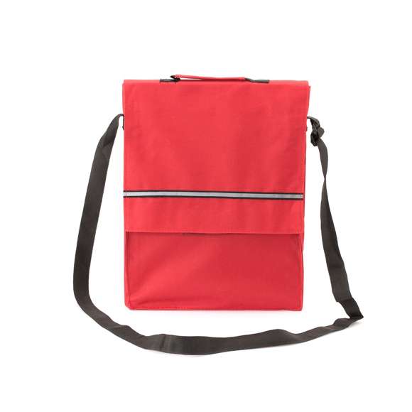 Portadocumentos con solapa de cierre de velcro en poliéster 600D de vivos colores y con franja frontal reflectante. Con asas reforzada a juego, cinta bandolera ajustable y compartimentos interiores con fundas para bolígrafos y smartphone.