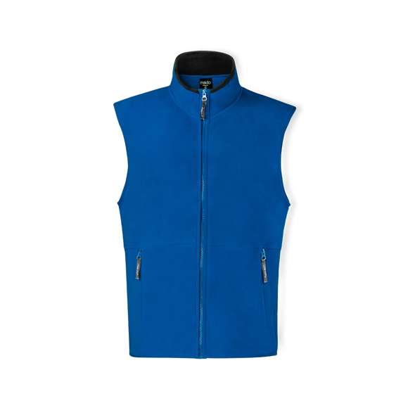 Chaleco en cálido y suave polar fleece de 280g/m2 con tratamiento anti-pilling. Con cuello de interior en color, cierre de cremallera con cinta en tirador, bolsillos laterales de cremallera y cintura elástica. Disponible en tallas M, L, XL, XXL.