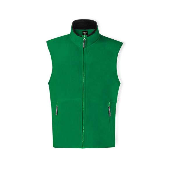 Chaleco en cálido y suave polar fleece de 280g/m2 con tratamiento anti-pilling. Con cuello de interior en color, cierre de cremallera con cinta en tirador, bolsillos laterales de cremallera y cintura elástica. Disponible en tallas M, L, XL, XXL.