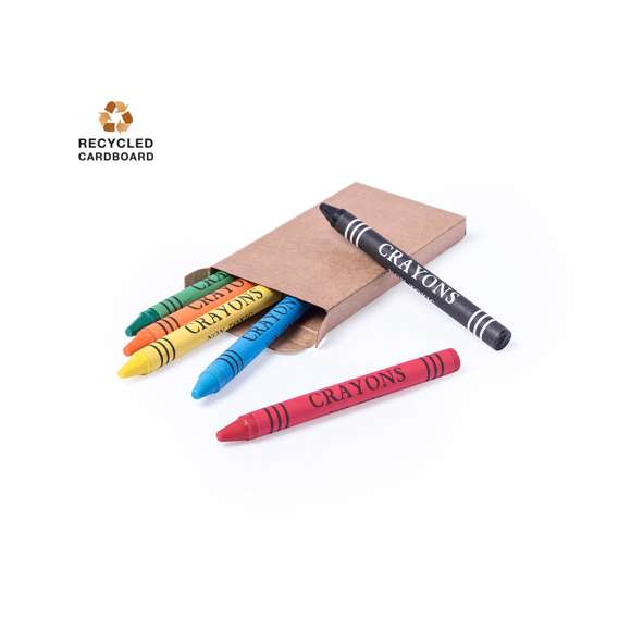 Set de 6 ceras en caja de cartón natural. Con cuerpo cilíndrico en variados colores. En colores rojo, verde, amarillo, azul, marrón, y naranja.