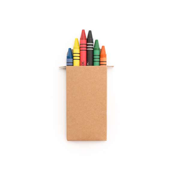 Set de 6 ceras en caja de cartón natural. Con cuerpo cilíndrico en variados colores. En colores rojo, verde, amarillo, azul, marrón, y naranja.