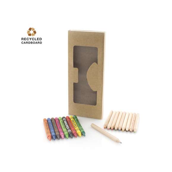 Set de 19 piezas en estuche con cuerpo en cartón natural con ventana y bandeja interior. Contiene ceras de cuerpo cilíndrico y lápices de madera natural de cuerpo hexagonal en variados colores.