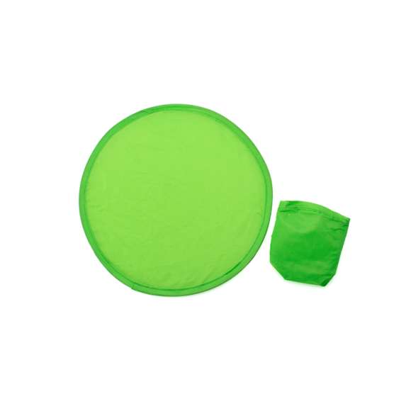 Frisbee plegable en poliéster de vivos colores, con funda individual a juego y fácil sistema de plegado para tamaño compacto.