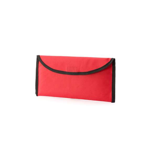 Portadocumentos de viaje en resistente poliéster 600D y en amplia gama de vivos colores. Con cierre de velcro, interior forrado y accesorio para cinturón en la parte trasera.