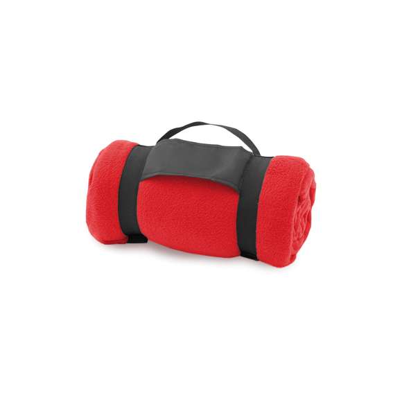 Manta de 130x160cm en variada gama de vivos colores. En material polar fleece anti-pilling de 200g/m2 y con asa de transporte de cierre de velcro en suave poliéster.