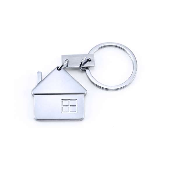 Llavero metálico con divertido diseño de casa en elegante acabado mate. Con cuerpo especialmente diseñado para marcaje en láser.