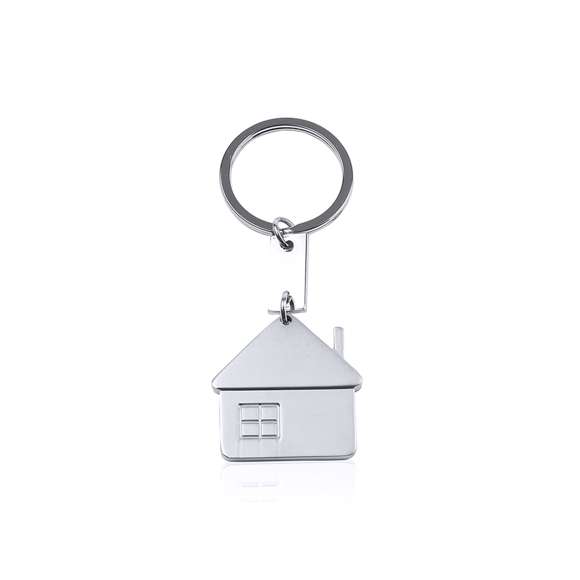 Llavero metálico con divertido diseño de casa en elegante acabado mate. Con cuerpo especialmente diseñado para marcaje en láser.