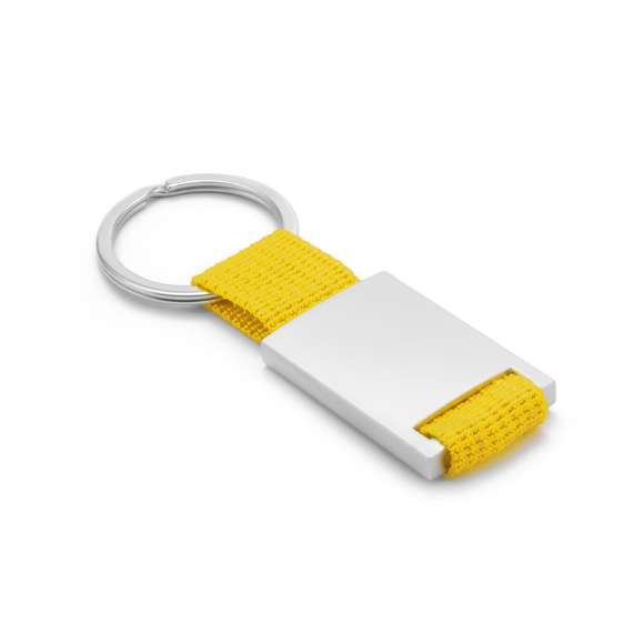 Llavero de divertido diseño con cinta de poliéster de variados y vivos colores. Con cuerpo metálico especialmente diseñado para marcaje en láser.