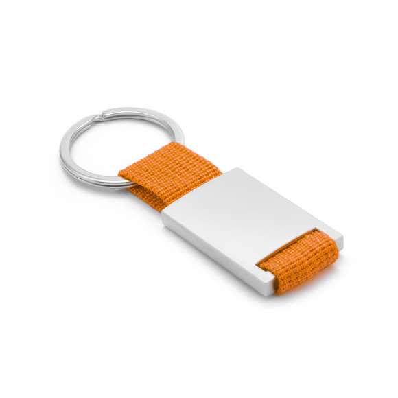 Llavero de divertido diseño con cinta de poliéster de variados y vivos colores. Con cuerpo metálico especialmente diseñado para marcaje en láser.