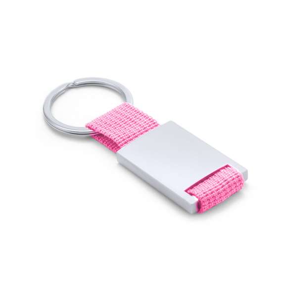 Llavero de divertido diseño con cinta de poliéster de variados y vivos colores. Con cuerpo metálico especialmente diseñado para marcaje en láser.
